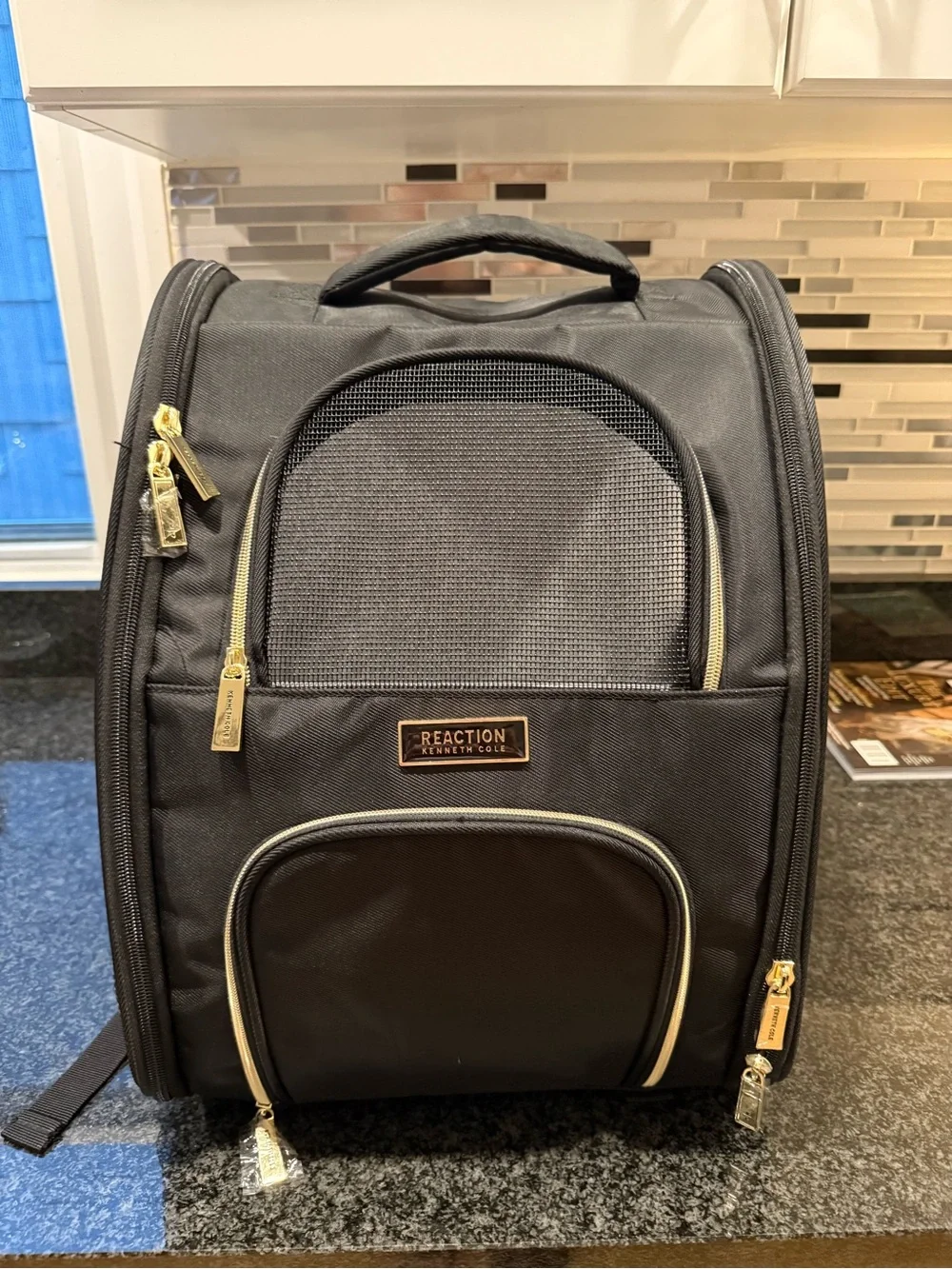 Kenneth Cole Black Pet Carrier Backpack with Gold Trim